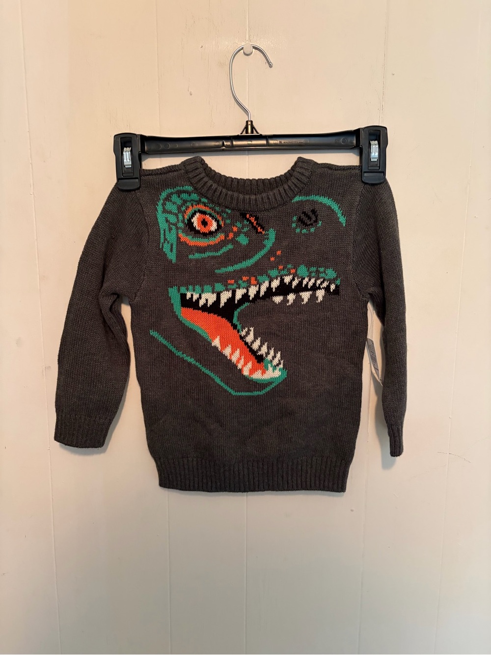 NWT Kids Dinosaur Face Knit Sweater - Charcoal Gray with Teal & Orange 2T